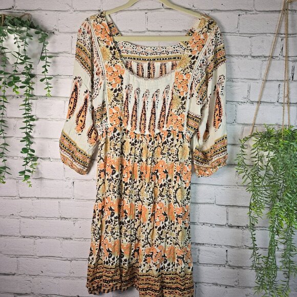 REBELLION BOHO DRESS 3/4 PEASANT SLEEVE SMOCKED BACK HIGH LOW HEM SIZE LARGE - Picture 5 of 7